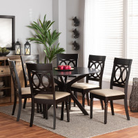Baxton Studio Jessie-Sand/Dark Brown-7PC Dining Set Jessie Modern and Contemporary Sand Fabric Upholstered and Dark Brown Finished Wood 7-Piece Dining Set
